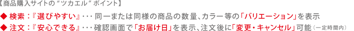 【商品購入サイトの「ツカエル」ポイント】検索：『選びやすい』同一または同様の商品の数量、カラー等の「バリエーション」を表示、注文：『安心できる』確認画面で「お届け日」を表示、注文後に「変更・キャンセル」可能（一定時間内）